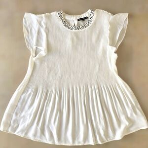 Adriana Papell White Embellished Collar Women Top